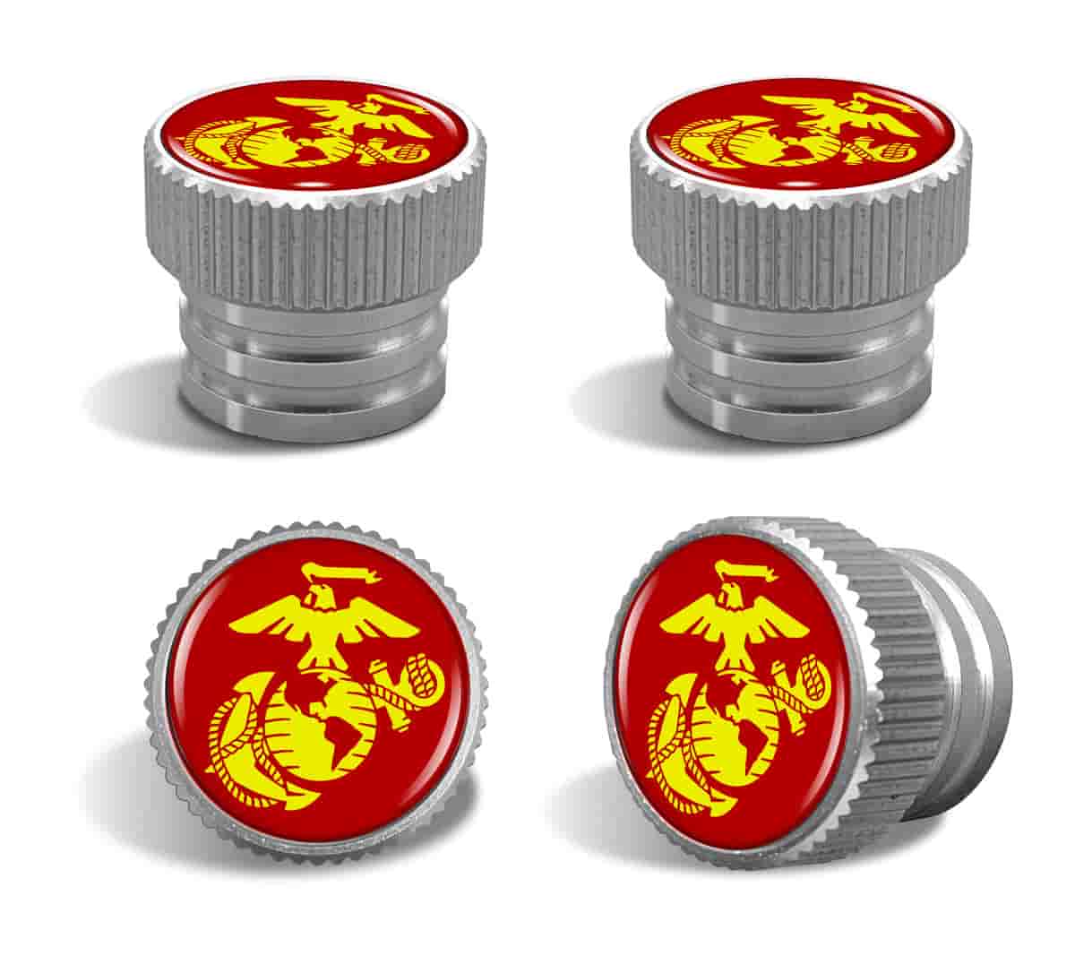 U.S Marine Corps Red Emblem - USMC Tire Valve Stem Caps – Silver Aluminum Set of 4